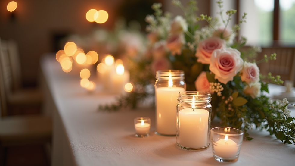 Close-up view of elegant floral arrangements and candles at a wedding ceremony