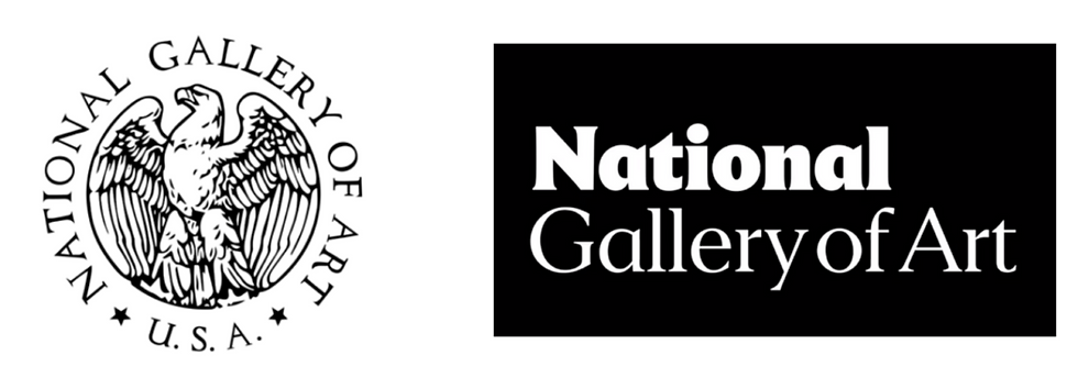 national gallery of art old detailed circle eagle logo and new redesigned minimalist typography wordmark logo side by side