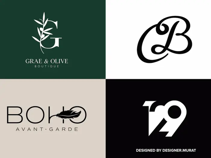 Logo collage with a floral G for Grae & Olive, a CB monogram, BOHO with a feather in the O, and a numeric 129 mark in bold style