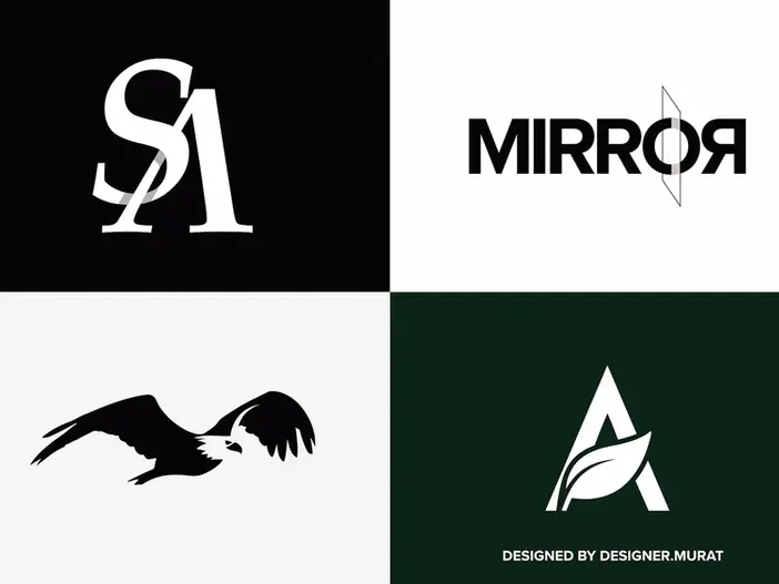 Logo grid showing a stylized SA monogram, the word 'Mirror' with a split O reflecting a mirror illusion, an eagle in flight, and a leaf embedded in the letter A.
