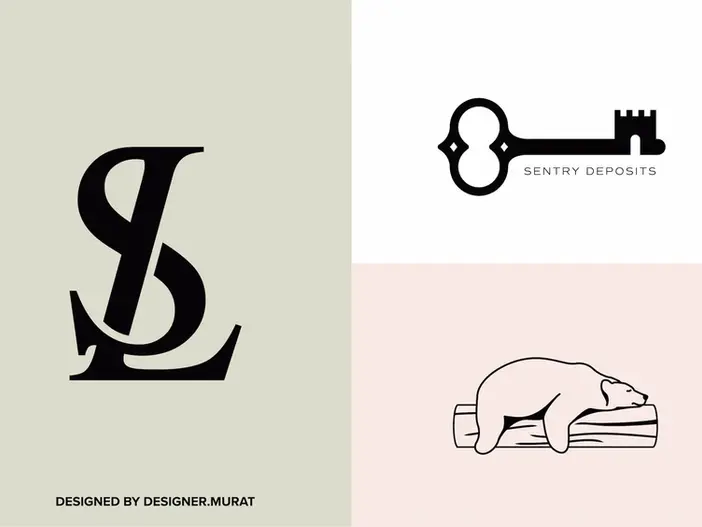 Logo collection featuring a bold SL monogram, a vintage key with the text 'Sentry Deposits', and a relaxed bear resting on a log.
