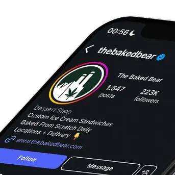 Instagram profile mockup for The Baked Bear with custom cannabis-themed logo, follower count, and branding focused on ice cream desserts.