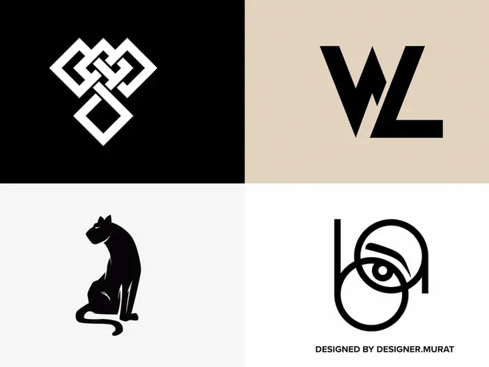 Grid of four minimalist logo designs including a monogram 'WL', a stylized sitting cat, an abstract eye in geometric form, and interwoven square symbols.