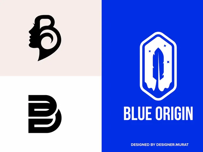 Dual logo composition: a feminine face silhouette formed within a bold letter B, and a Blue Origin badge with a feather and stars.
