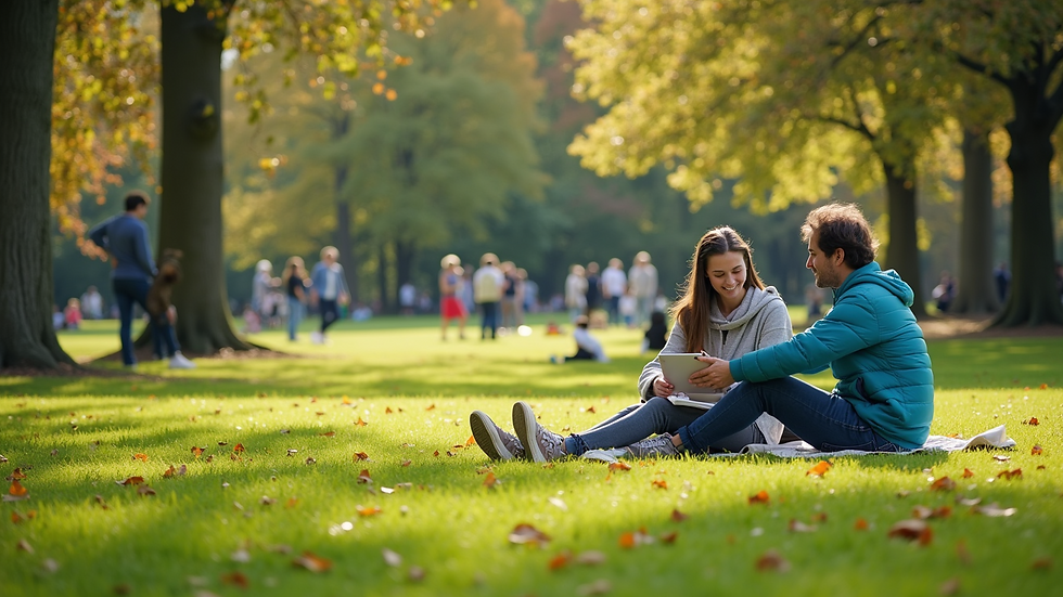 High angle view of a scenic park with people enjoying outdoor activities