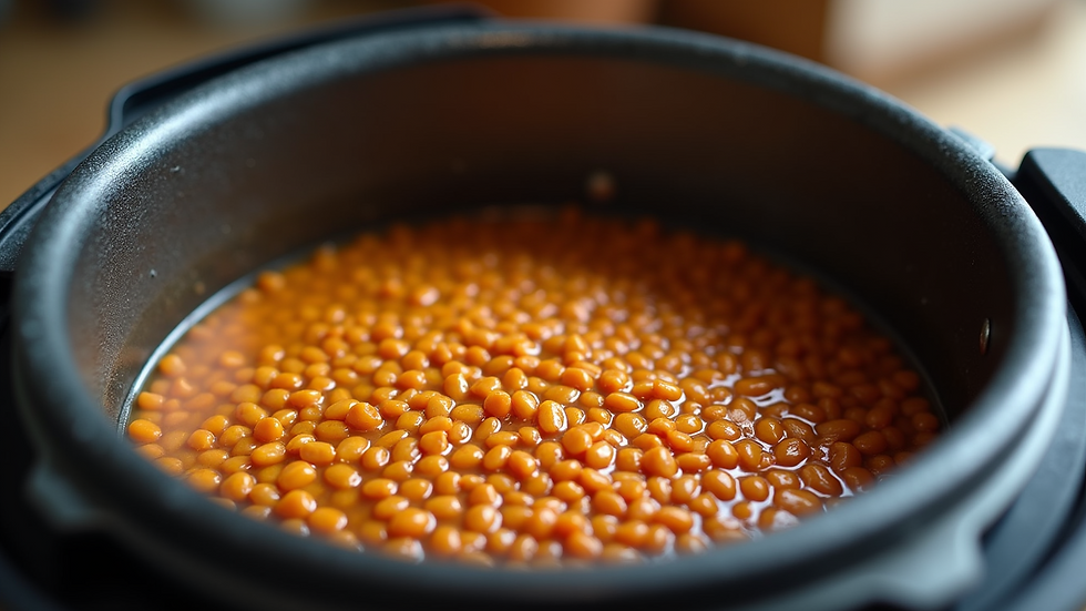 Close-up view of a pressure cooker with cooking lentils inside