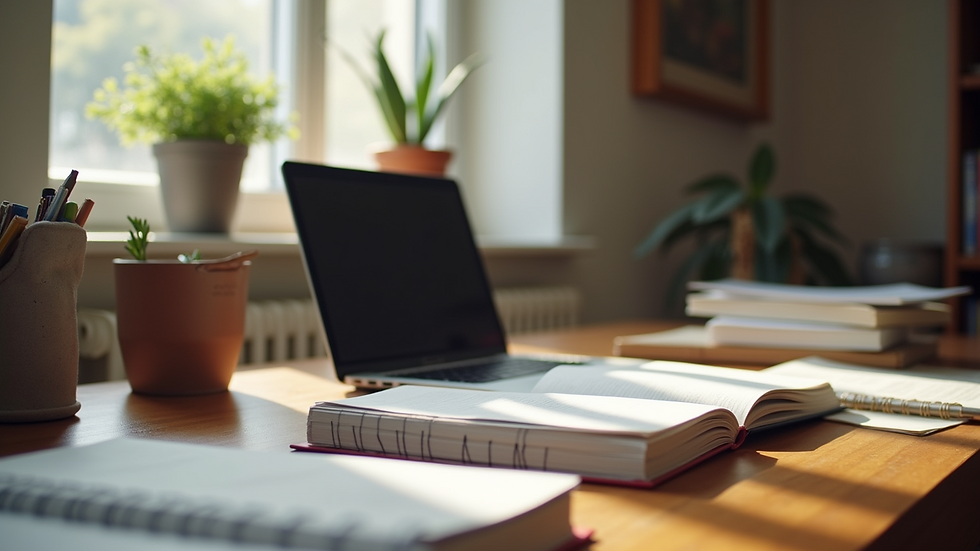 Eye-level view of a stack of books and a laptop on a wooden table