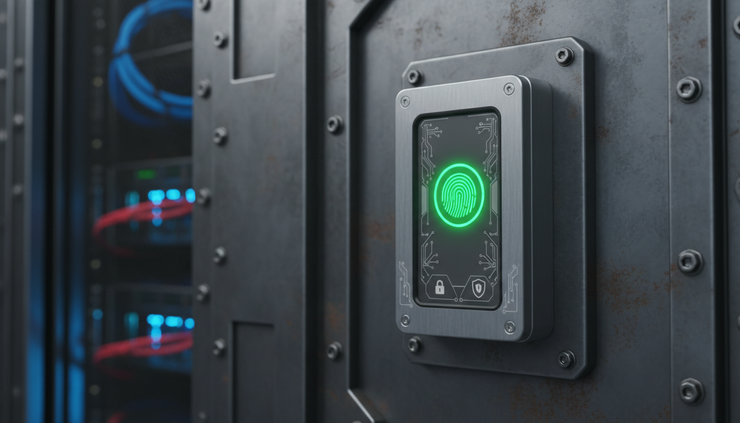 Close-up of a biometric access reader beside a heavy metal security door.
