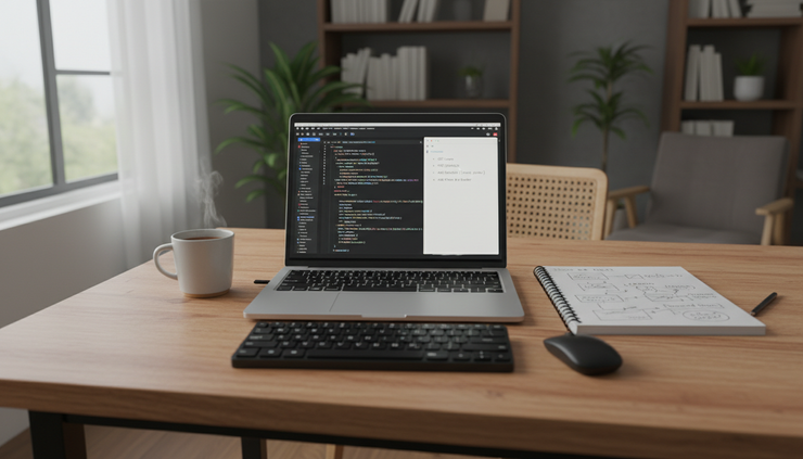 Wide-angle view of a laptop showing split code panels beside handwritten API notes