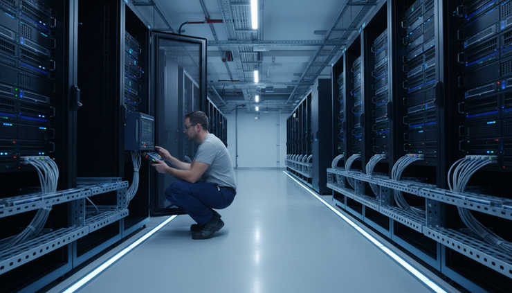 Wide-angle view of a data centre corridor with an engineer checking a server rack panel