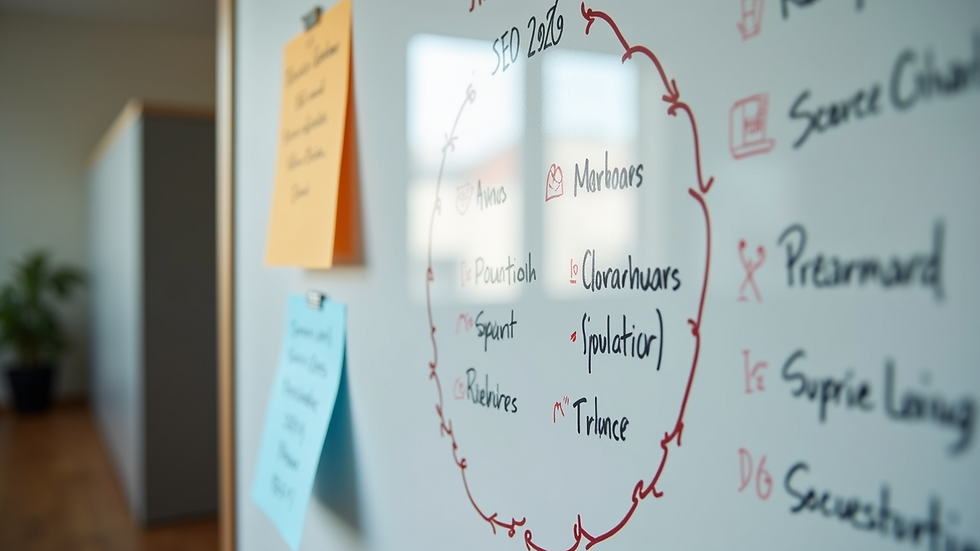 High angle view of a whiteboard with SEO strategy notes