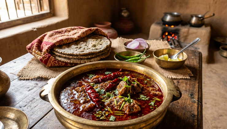 Close-up of spicy laal maas served in a traditional metal bowl
