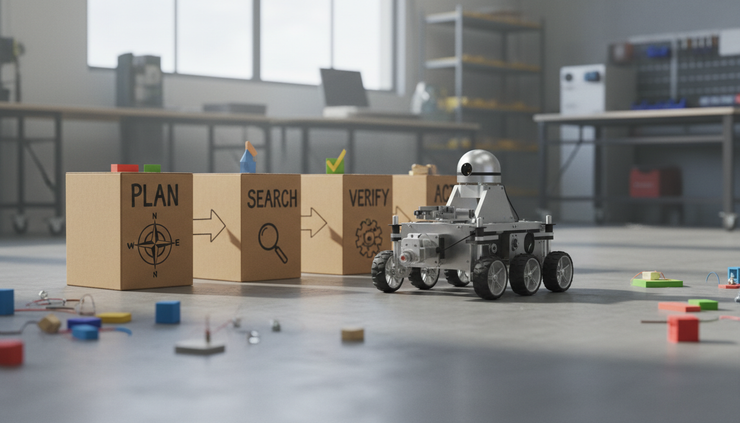 Eye-level view of a small autonomous rover following arrows between labelled task stations.