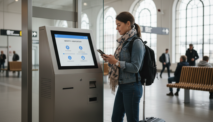 Eye-level view of a secure self-service kiosk in a public transport station