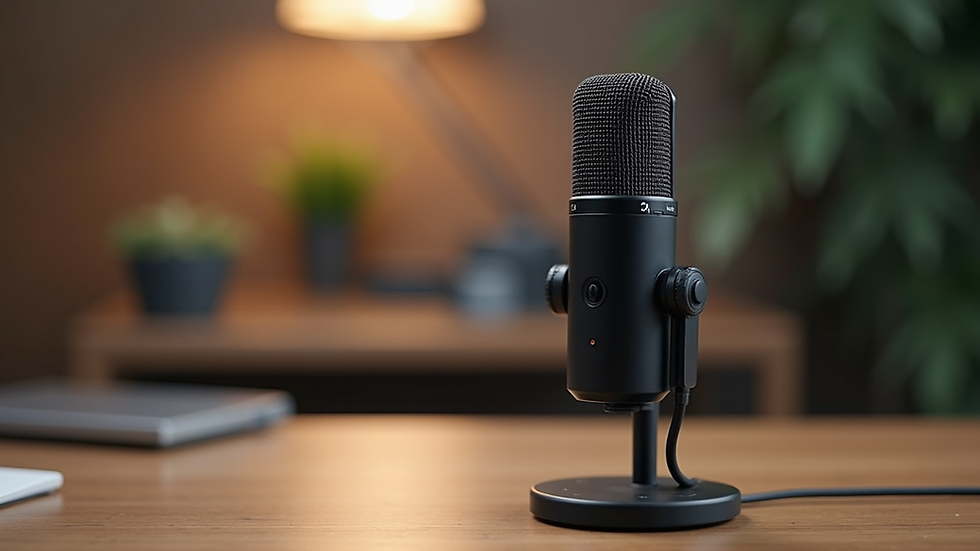 Close-up view of a microphone on a wooden table