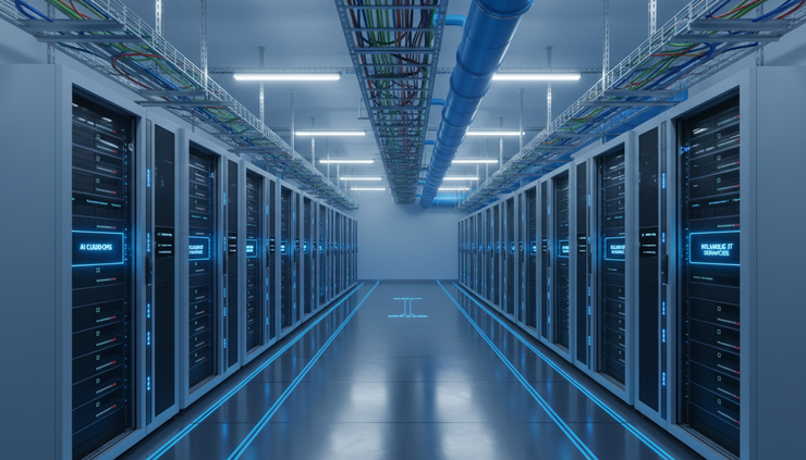 Top-down view of cooling pipes and server row indicators in a data centre
