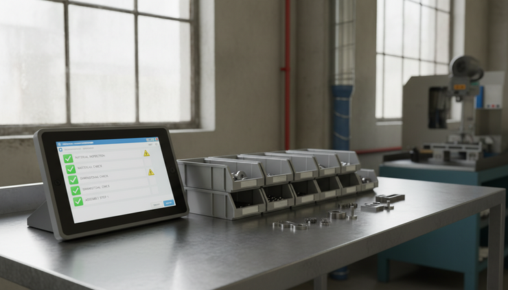 Eye-level view of a small manufacturing station with parts organized beside a touchscreen checklist.