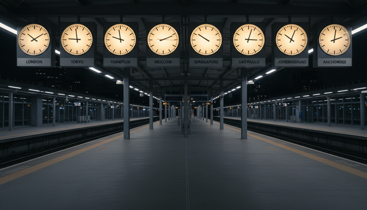 Wide-angle view of world clocks glowing above an empty railway platform at night