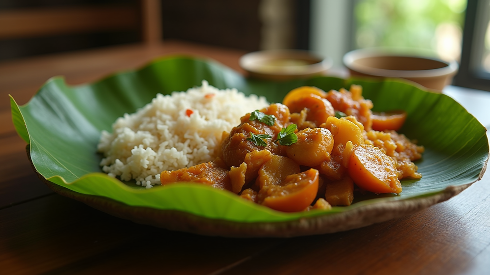 Eye-level view of a traditional Indian meal served on a banana leaf