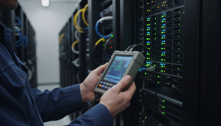 Close-up view of a technician checking blinking server lights in a data centre aisle