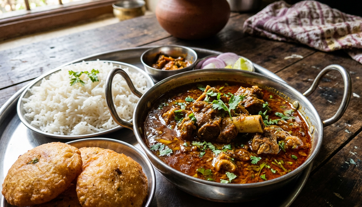Close-up view of Jharkhand-style mutton curry served with rice and dhuska.