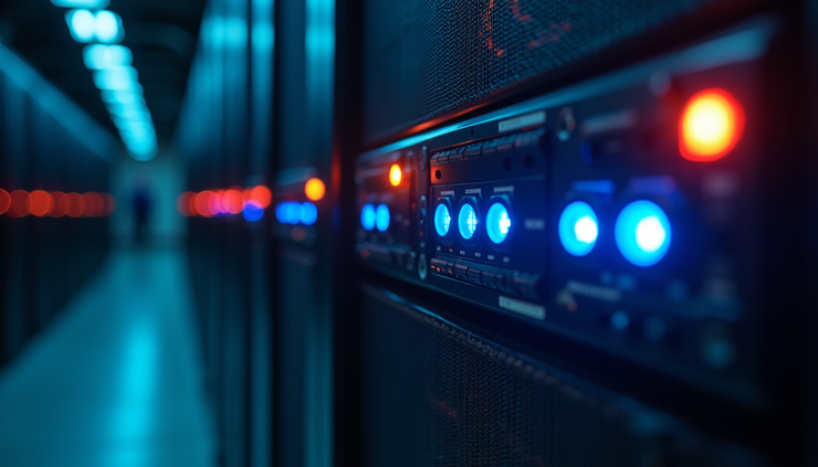 Close-up view of a cloud server rack with blinking lights indicating active build processes