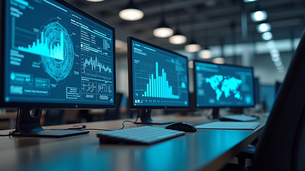 Eye-level view of a modern office with AI data analytics on screens