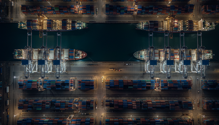High-angle view of glowing ships and cranes at a container port during night operations