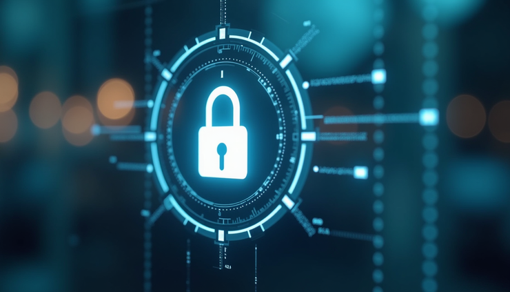 Close-up view of a digital lock icon on a transparent screen representing secure access control