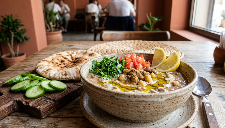 Close-up view of a bowl of foul medames topped with herbs, tomatoes, lemon, and olive oil.