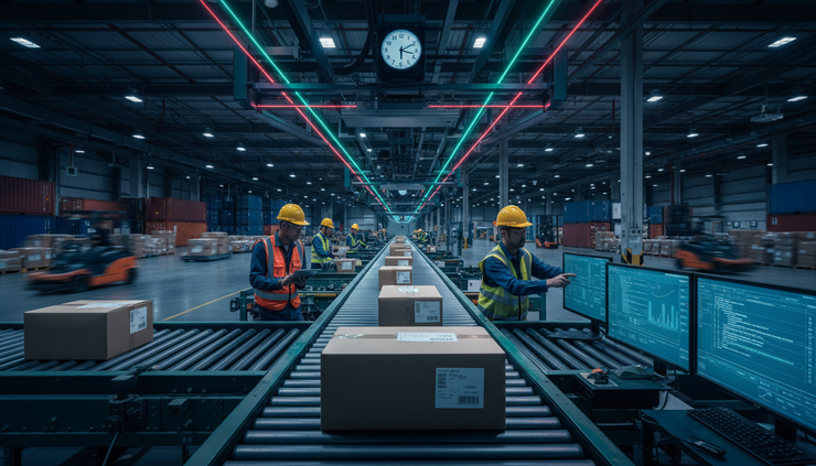 Eye-level view of parcel scanners and labelled packages moving along a conveyor belt