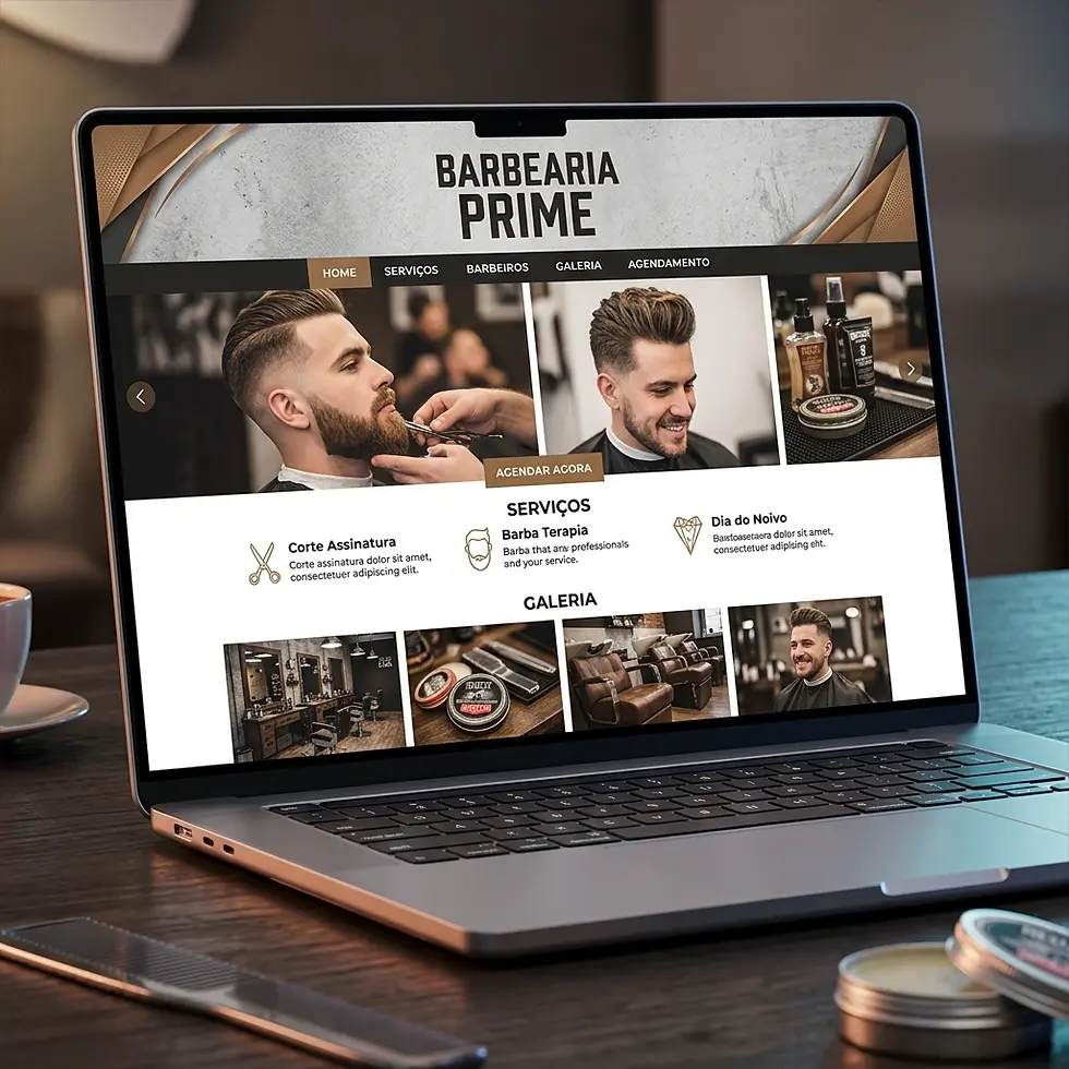 Digital illustration of a laptop displaying the 'Barbearia Prime' barbershop website. The screen features images of stylish haircuts and grooming offerings with a classic aesthetic.