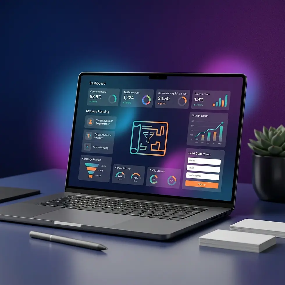 3D rendering of a laptop displaying a business analytics dashboard. The screen shows various charts and graphs, set in a modern, professional environment.
