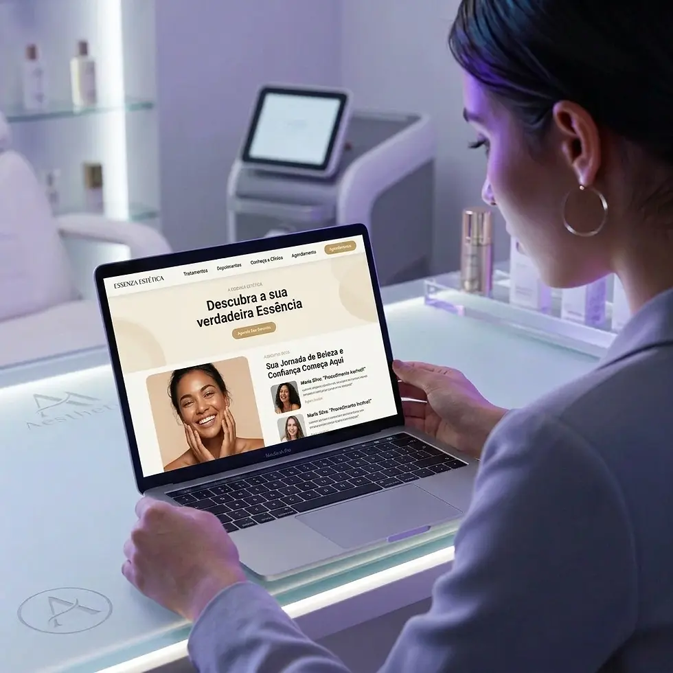 Modern photography capturing a woman engaging with a laptop screen that showcases a beauty website. The scene is bright and professional.