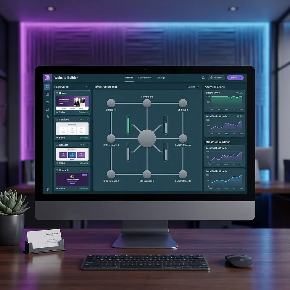3D render of a computer showing a website builder interface on a desk. The screen displays analytics charts and a site structure diagram, set against a modern office background.