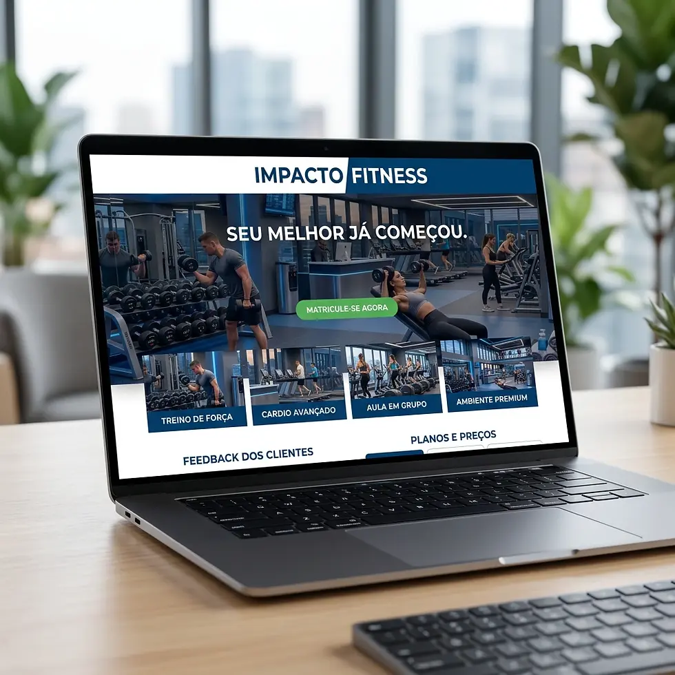 Packshot photography of a laptop displaying the "IMPACTO FITNESS" website. The screen shows energetic gym workout scenes and a motivational slogan.