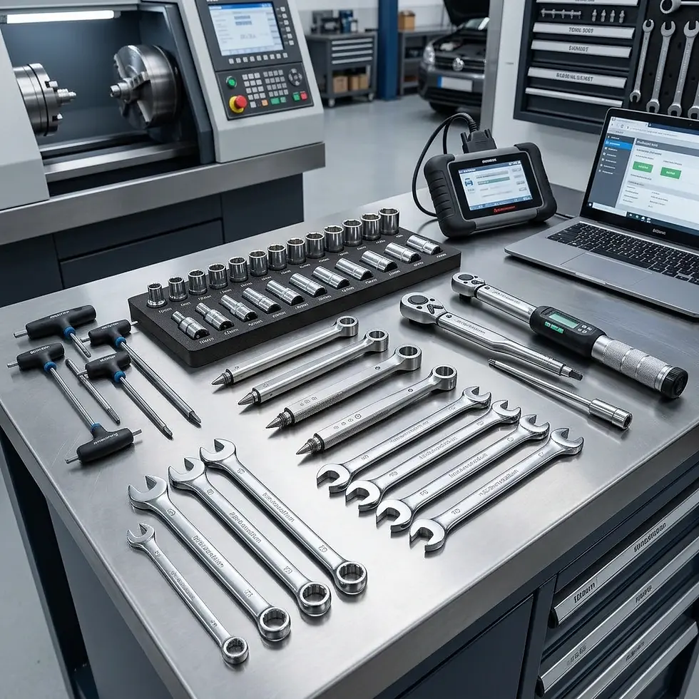 Studio photography of a wide array of mechanical tools, including wrenches and socket sets, arranged on a workbench. The scene evokes a professional workshop setting ready for precision tasks.