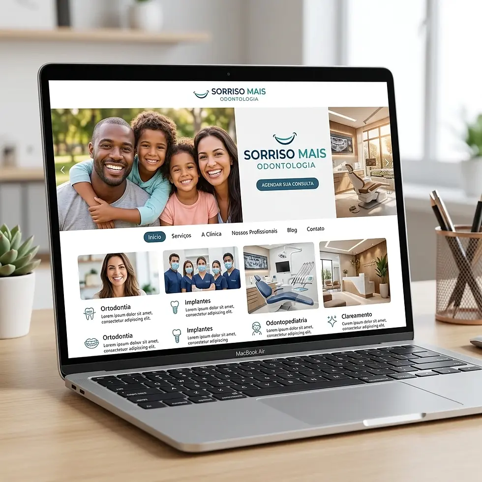 Digital display of a dental clinic website. This modern site showcases a happy family and professional clinic images, emphasizing patient care and a friendly atmosphere.