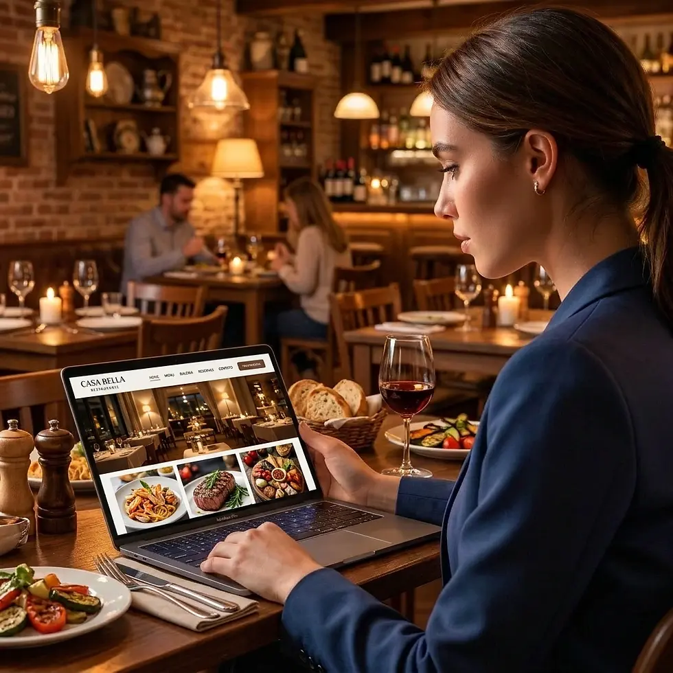 Digital photography of a woman using a laptop in a restaurant at a table with food. The screen displays a restaurant website, set in a cozy, warmly lit dining atmosphere with other patrons visible.