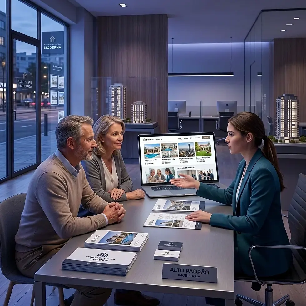 CGI illustration of a real estate agent presenting property options to a couple on a laptop. The scene is set in a modern, softly lit office.