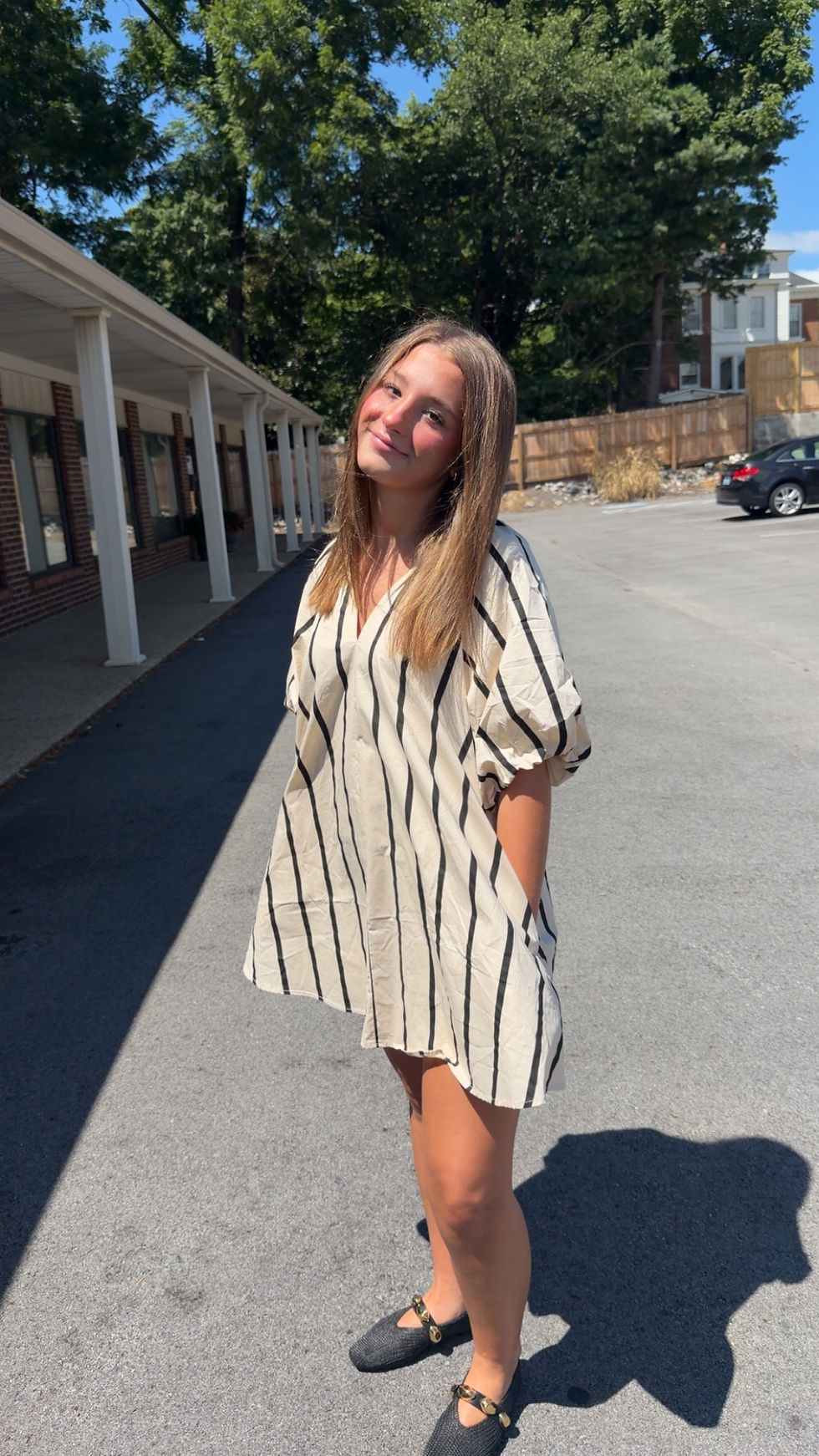 Thumbnail: Cream striped puff sleeve dress