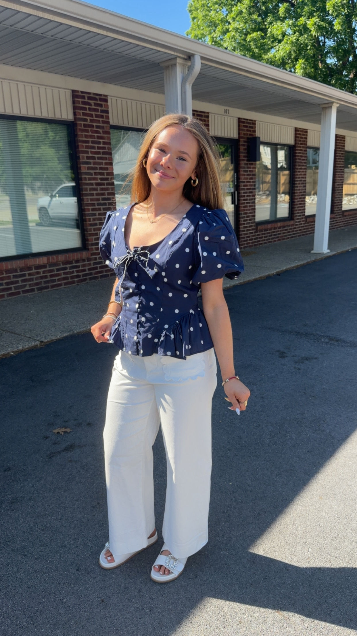 Elite Polka Dot Navy Ruffle Top 