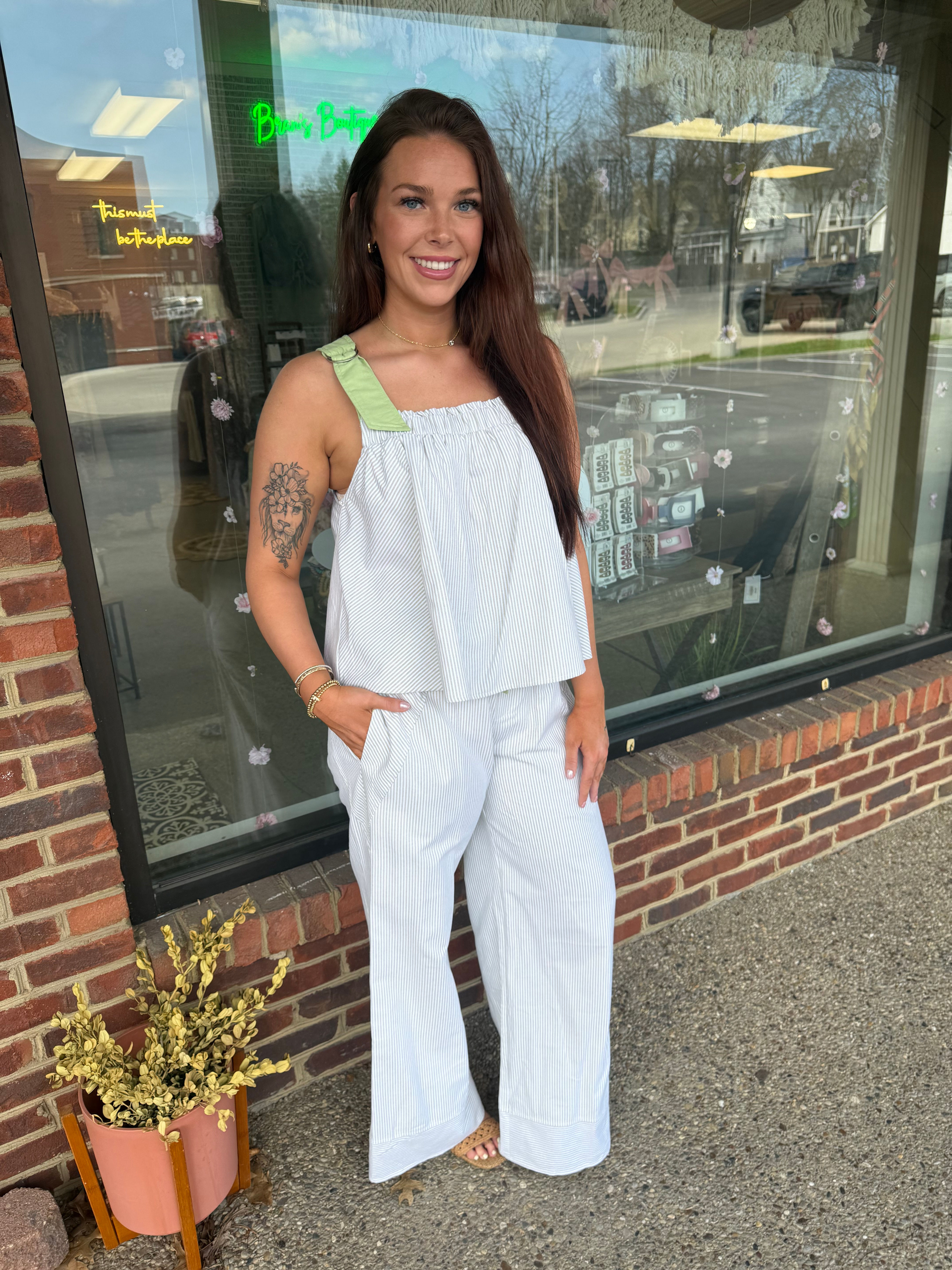 Olive & White Stripe Set