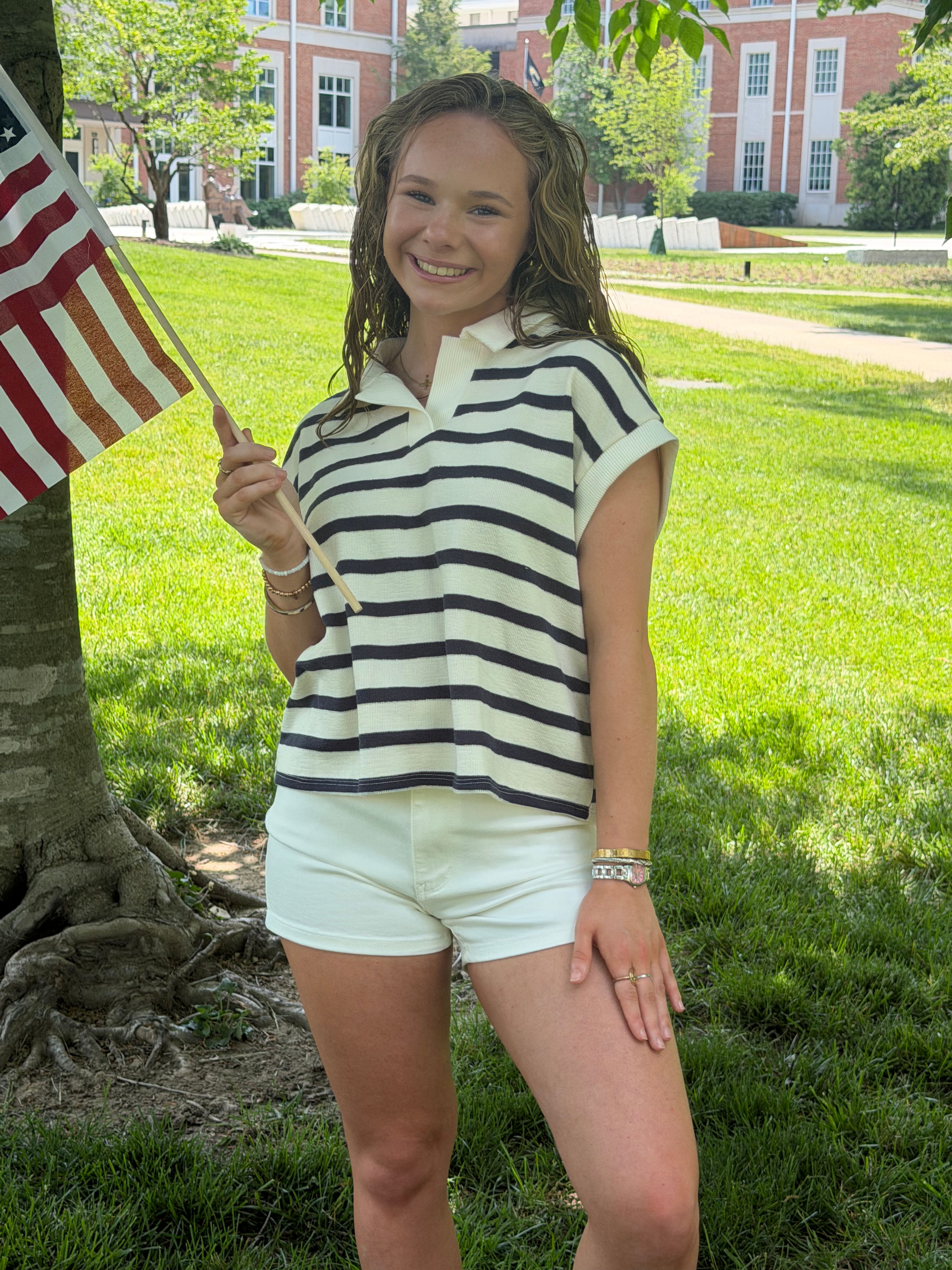 Navy striped collar polo 