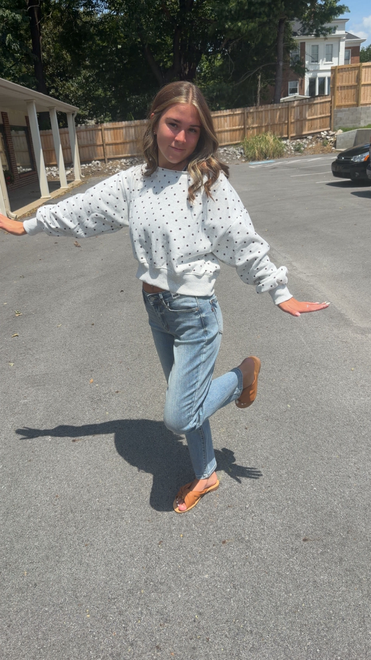 Off shoulder cream / brown polka dot sweatshirt 