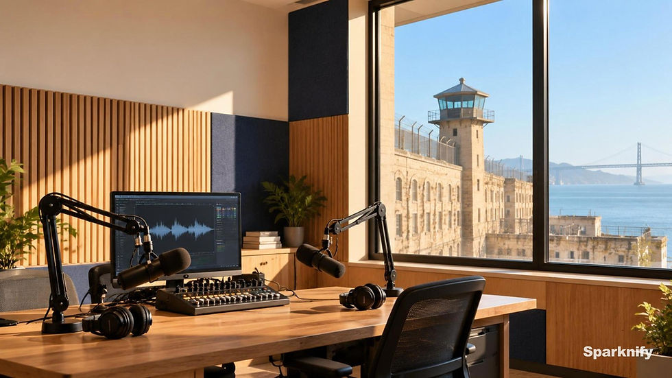 A small podcast recording studio in San Quentin's Learning Center media hub, with microphones, a mixer and a window onto the historic prison wall