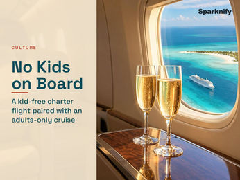 Two glasses of champagne by an airplane window overlooking turquoise water and a cruise ship, under the headline No Kids on Board