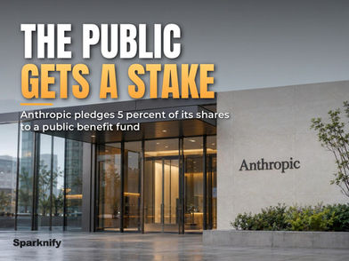 The glass entrance of an Anthropic office building with the company name on a stone wall, with the title The Public Gets a Stake.