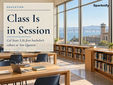 A bright library classroom inside San Quentin's new Learning Center, with study tables, book stacks and windows looking out over San Francisco Bay and the old prison walls