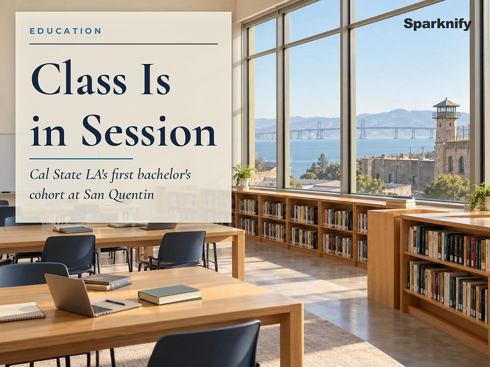 A bright library classroom inside San Quentin's new Learning Center, with study tables, book stacks and windows looking out over San Francisco Bay and the old prison walls